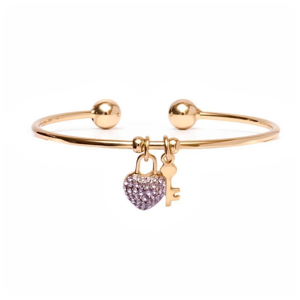 18K Gold Plated Crystal Heart & Key Charm Cuff With Swarovski Crystals Jewelry